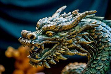 Fototapeta premium Green Chinese dragon wooden sculpture. Sign of Chinese New Year 2024. Mythological creature. Green fantasy dragon.