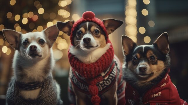 Festive Fun With A Merry Christmas Dog Family And Happy Stylish Crew Gathering Under Christmas Tree Lights