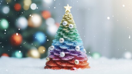 Glittering Rainbow Christmas Tree: A Festive Vintage Decoration on a Gay Blur Background