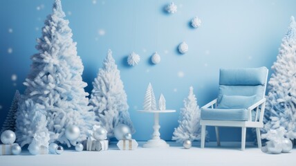 Glossy and Shiny Blue Christmas Decorations with Animal, Horn, and Cone on White Wall and Floor 3D Rendering