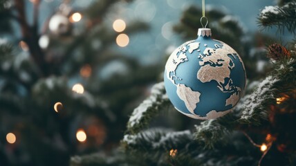 Christmas Earth Globe Ornament Hanging Peacefully on Winter Tree Branch: Perfect for Eco-Friendly Christmas Concept
