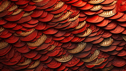Chinese Dragon Scales Texture Chinese New Year 2024 Year Of The Dragon, Red and Gold Symmetry Pattern. Chinese Dragon Background. Generative AI - obrazy, fototapety, plakaty