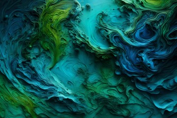 Swirling textures created by amethyst and cobalt paints, resembling an alien landscape Liquid dark blue and green  tendrils of paint intertwining in a mesmerizing abstract dance.  - obrazy, fototapety, plakaty