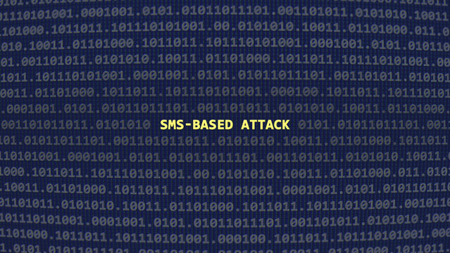 Cyber attack sms-based attack. Vulnerability text in binary system ascii art style, code on editor screen. Text in English, English text