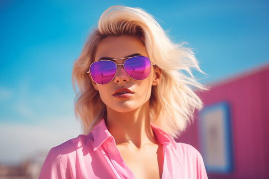 Photo of beautiful stylish blonde girl posing in pink sunglasses, Ai Generation