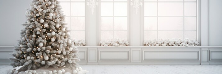 Snowy Flocked Christmas Tree Adorned with Golden Decoration in a White Room for Festive Holiday Celebrations