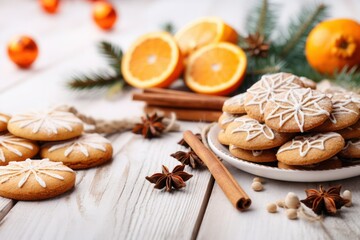 Christmas set cookies, oranges, cones, cinnamon, star anise and spruce needles on a white wooden background, selected focus.
