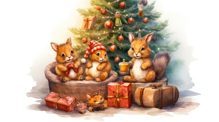 Watercolor Sketch of Festive Rodents Sleeping by the Fireplace with Presents and Tree in the Background.