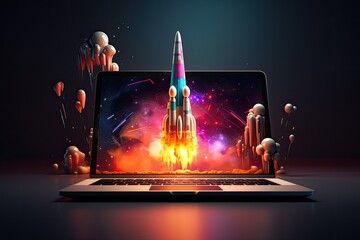 Rocket coming out of a laptop screen. Modern technology, online marketing and success concept. - obrazy, fototapety, plakaty