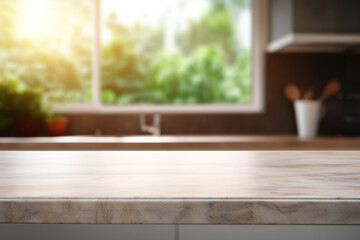A kitchen table with an empty countertop opposite the window, a place to present your product. Cooking mockup.