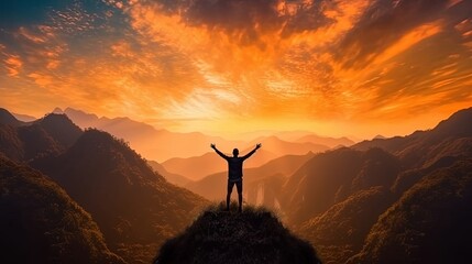 Freedom and adventure of travel, silhouette of a person raising their hands in prayer at the mountain peak with the sun setting in the sky, AI generative - obrazy, fototapety, plakaty