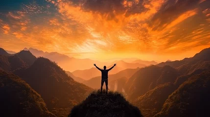 Foto op Plexiglas Freedom and adventure of travel, silhouette of a person raising their hands in prayer at the mountain peak with the sun setting in the sky, AI generative © Resi