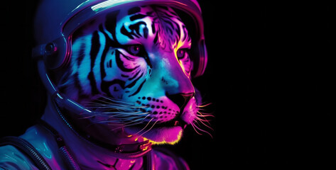 Cyber futuristic tiger in astronaut suit. Abstract creative scene with animal in universe. Purple blue pink neon background. Copy space.