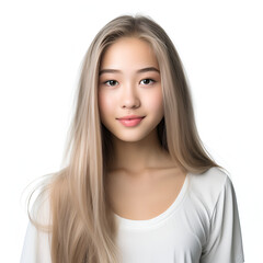 Fototapeta premium Asian female model with long blonde hair on a white. nice girl. The concept of natural makeup, hair care, cosmetology, spa.