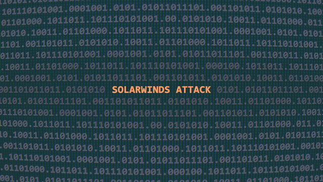 Solarwinds attack. Vulnerability text in binary system ascii art style, code on editor screen. Text in English, English text