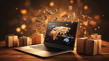 A laptop surrounded by packages, symbolizing the growth and impact of e-commerce on modern business.