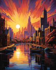 Fototapeta premium Twilight Waterfront Charm: Three Boats Silhouetted Against a Sunset Skyline, Where Buildings Reflect in the Tranquil Waterway