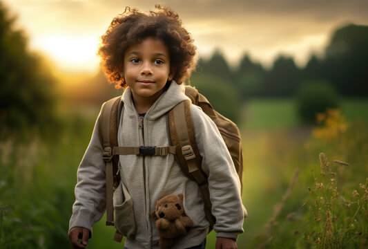 A young child stands in a field, clad in a brown jacket and holding a teddy bear, ready to embark on an outdoor adventure with nature as their playground