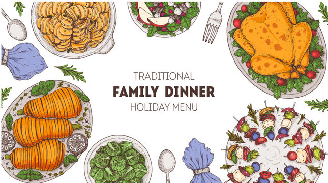 Family dinner. Holiday menu. Food design template. Cartoon style. Food and drink set. Hand drawn sketch, design template.