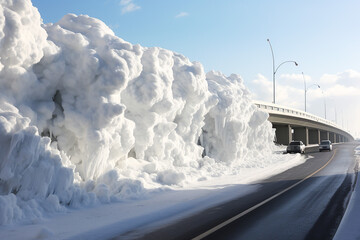 Highway in winter with high snowdrift on one side