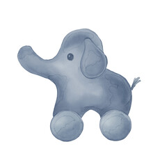 Watercolor illustration with toy for baby isolated on white background. Hand drawn elephant on wheels. Toy gurney for toddler in pastel colors. Element for birthday postcard or newborn shower