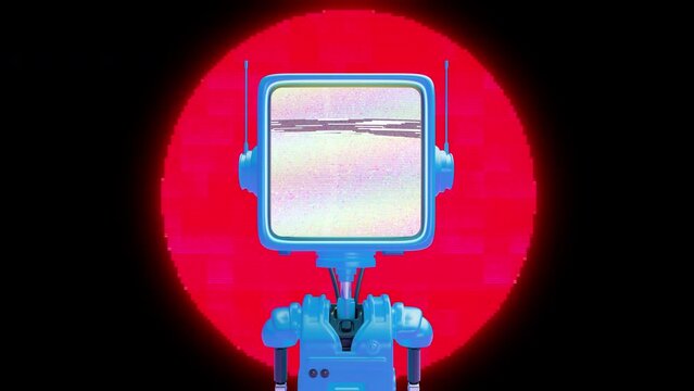Cartoon robot with head shaped like monitor and digital noise on screen. Funny technology character design. Concept art online assistant, bot or helper. Render 3d art animation.