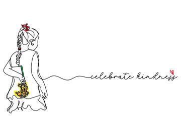 line art of little girl holding beautiful flowers for the loved ones. Giving flowers is the gesture of love and kindness. Celebrate kindness. Kind is cool. Daughters day vector art.