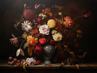 A Realistic Still Life in Oil, Bathed in Rembrandt Lighting, Capturing the Essence of a Vase with Fall Flowers and Scattered Petals on a Darkened Table