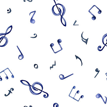 Musical note watercolor seamless pattern. Treble clef and notes isolated on white background. Endless print of musical signs hand drawn. Musical symbols hand painted. Design element for paper