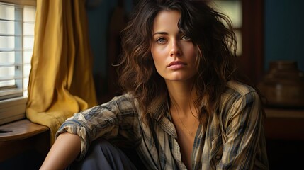 Fototapeta premium Sad adult woman look in window distance thinking or pondering alone at home, thoughtful upset unhappy middle aged female lost in thoughts dreaming, feel lonely distressed. Generative AI
