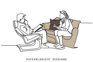line art of a young psychologist. Psychiatrist practitioner. Young student. Mental health awareness campaign. Trainee during internship. Psychological session ilustration