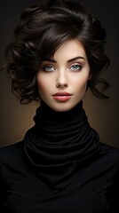 Naklejka premium Black and white fashion art studio portrait of beautiful elegant woman in black turtleneck. Hair is collected in high beam. Model illustration. Generative AI