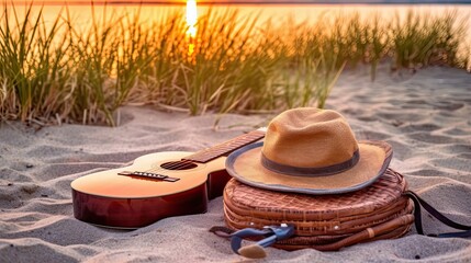 Hat, Bag and Guitar on beach near the sea at sunset. Travel, vocation, holiday, summer concept. Beautiful style illustration. Generative AI
