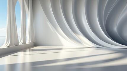 Light and shadows lines from curtain and silates on the white wall. Sunny day, the sun rays. Mockup, copy space for text. Background with shadow. Generative AI