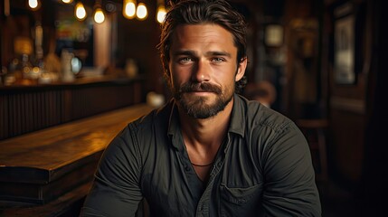 Fototapeta premium Casually handsome. Confident young handsome man in jeans shirt keeping arms crossed and smiling while standing against background. Man portrait illustration. Generative AI