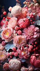 Wedding flowers, bridal bouquet closeup. Decoration made of roses, peonies and decorative plants. Floral flower illustration. Generative AI