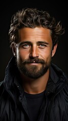 Closeup portrait of european handsome man 30s having bristle smiling at camera over background. Man face portrait illustration. Generative AI