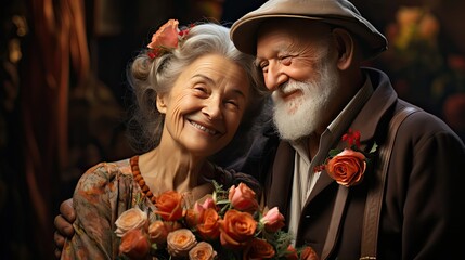 Elderly couple. Joyful nice elderly couple smiling while being in a great mood. Smile emotion illustration. Generative AI