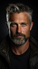 Fototapeta premium Portrait of beautiful mature blonde bearded guy with trendy hairdo in casual grey shirt smiling and looking in camera. Model portrait illustration. Generative AI