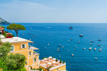 Boats and yachts on Tyrrhenian sea seen from Positano, Amalfi coast, Italy