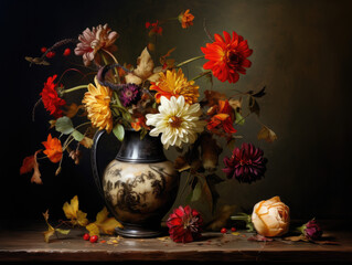 A Realistic Still Life in Oil, Bathed in Rembrandt Lighting, Capturing the Essence of a Vase with Fall Flowers and Scattered Petals on a Darkened Table