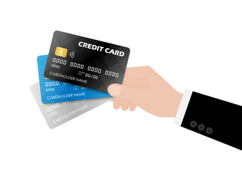 Credit or Debit Card. Businessman's Hand Holding Credit or Debit Card. Hand Showing Credit Card. Vector Illustration Isolated on White Background. 