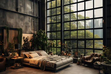 Cozy bedroom. Industrial loft interior. Autumn view outside, autumn mood, autumn palette. 