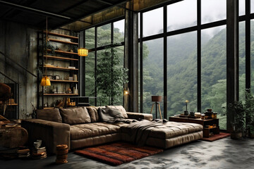 Cozy industrial loft interior. Autumn rainy foggy view outside, autumn mood, autumn palette. 