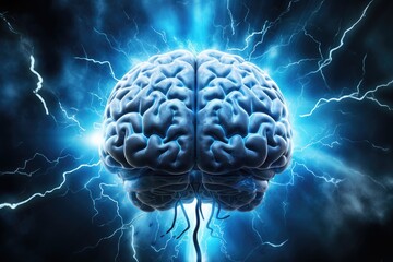 Human brain with lightning strike effect. Mental health, anatomy, science and knowledge concept. - obrazy, fototapety, plakaty