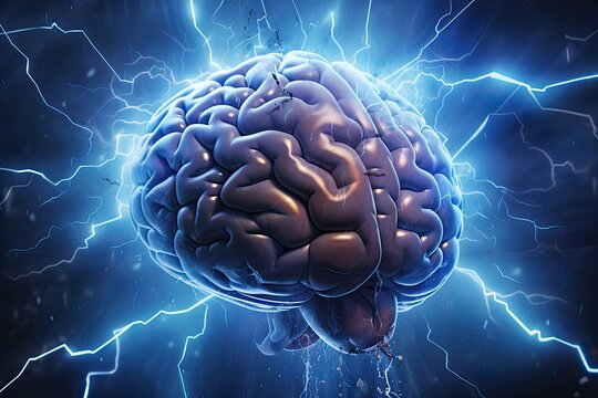 Human brain with lightning strike effect. Mental health, anatomy, science and knowledge concept.