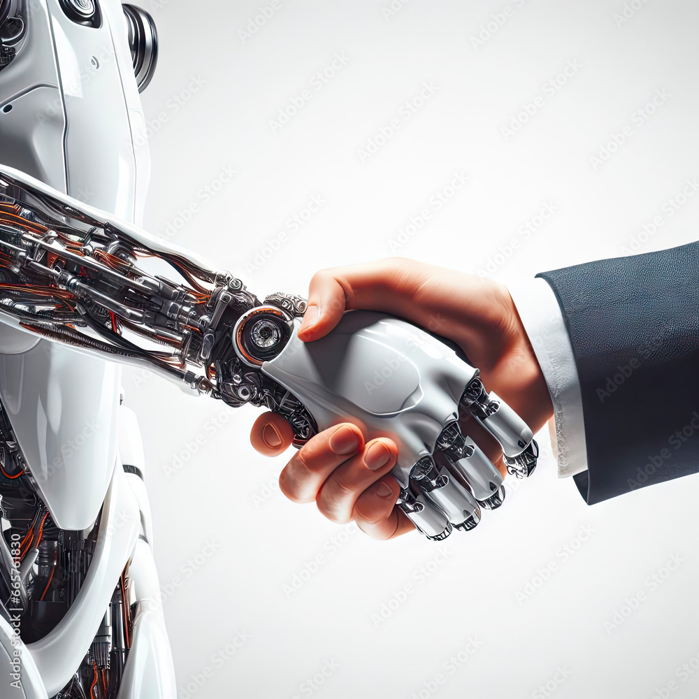 Aufkleber man shaking hands with robot. ai generative