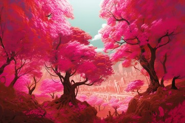 A positive scene portrayed by a vibrant pink artistic environment featuring fluffy trees. Generative AI
