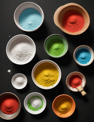 Overhead view of bowls with color holi powder on black backdrop