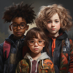 Portrait of three cute children of different races; Two white girls and a black boy on their way to school; Kids with glasses; Anti-racism; Diversity; 4K(1:1)
